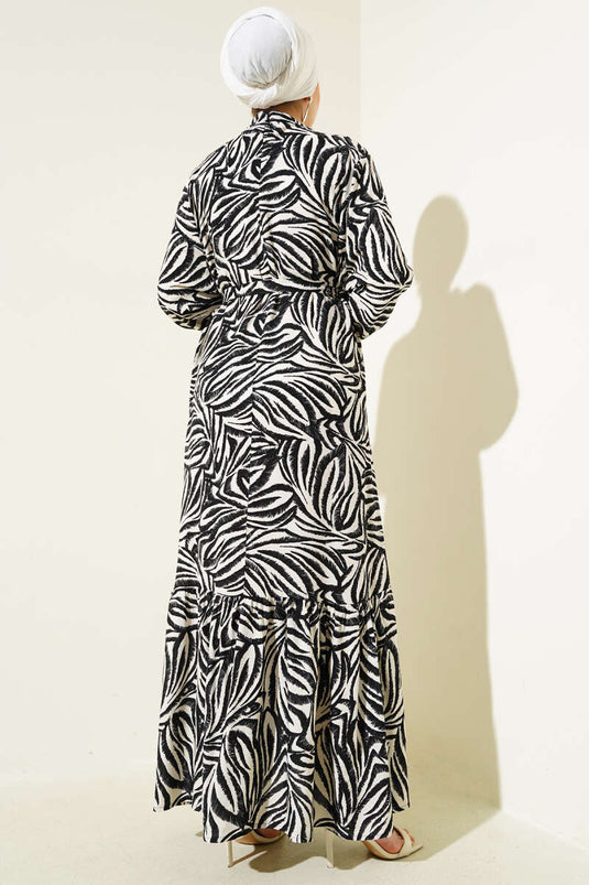 Leaf Patterned Belted Viscose Dress Black