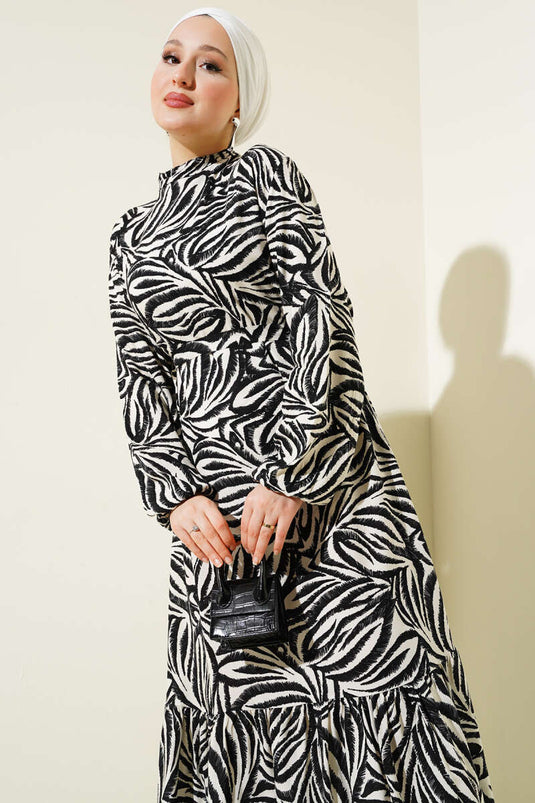 Leaf Patterned Belted Viscose Dress Black