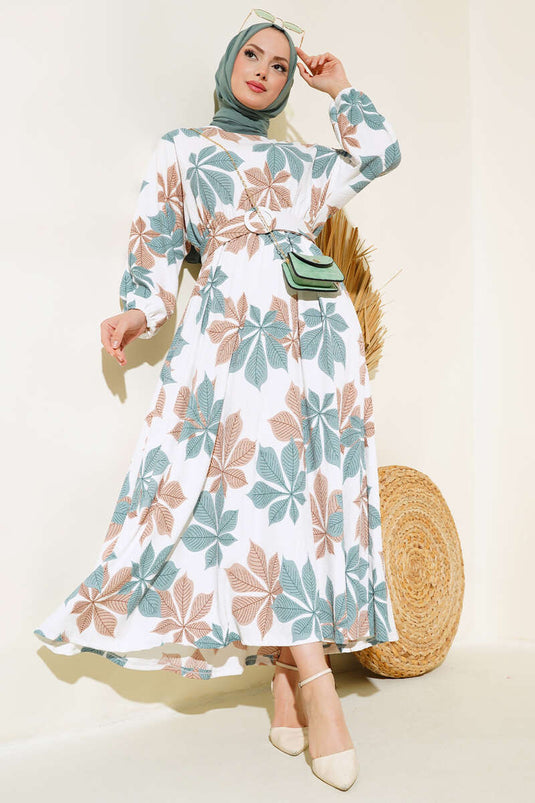 فستان مولانا بنقشة أوراق الشجر، أخضر لوزي