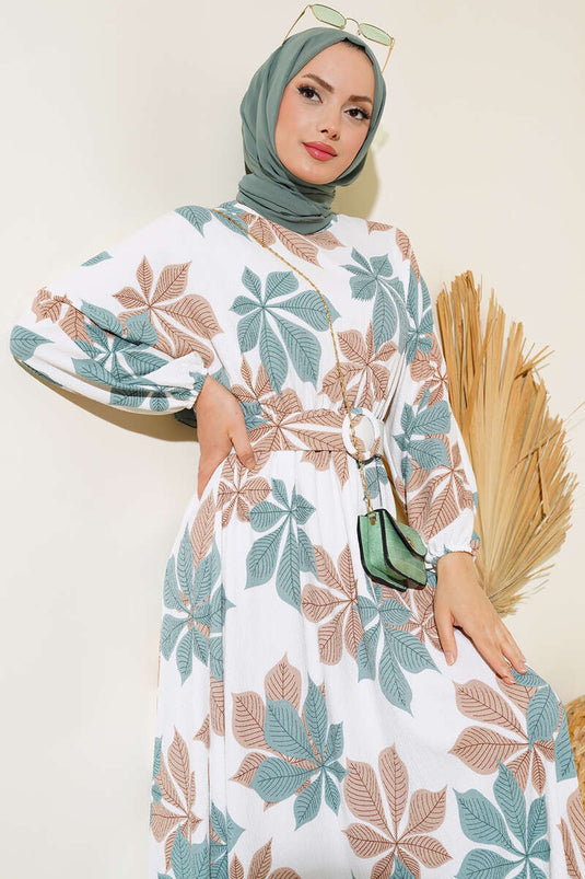 فستان مولانا بنقشة أوراق الشجر، أخضر لوزي