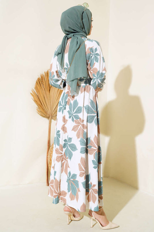 فستان مولانا بنقشة أوراق الشجر، أخضر لوزي