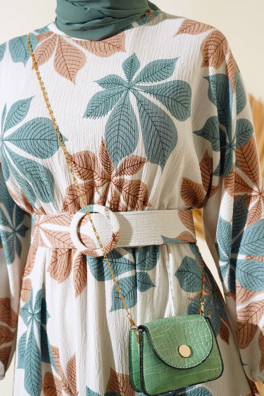 فستان مولانا بنقشة أوراق الشجر، أخضر لوزي