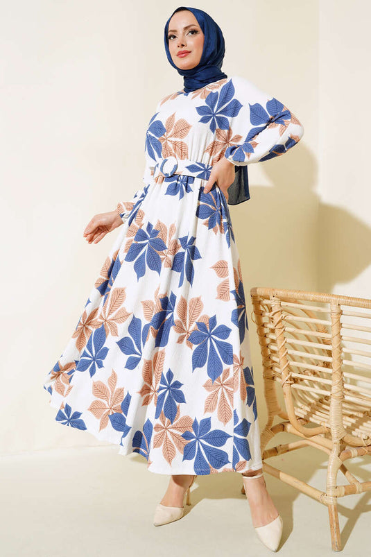 Mevlana Dress with Leaf Pattern Indigo