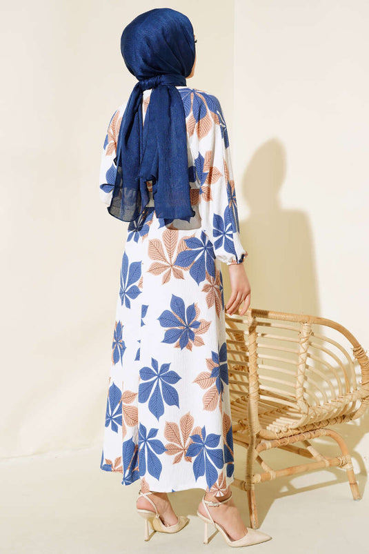Mevlana Dress with Leaf Pattern Indigo