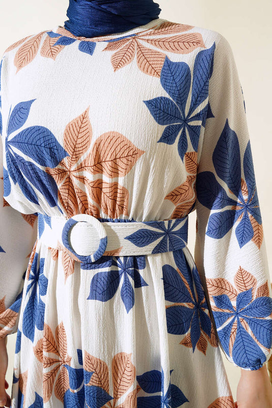 Mevlana Dress with Leaf Pattern Indigo