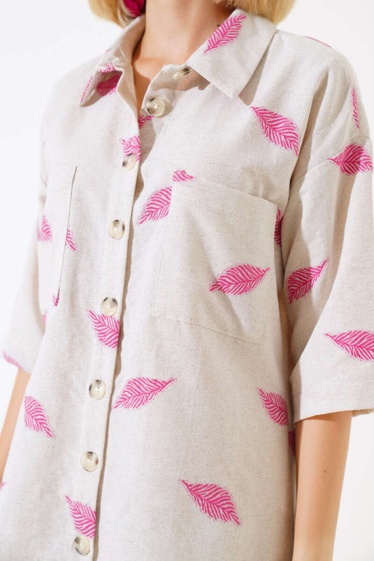 Ensemble deux pièces short à motif feuilles fuchsia