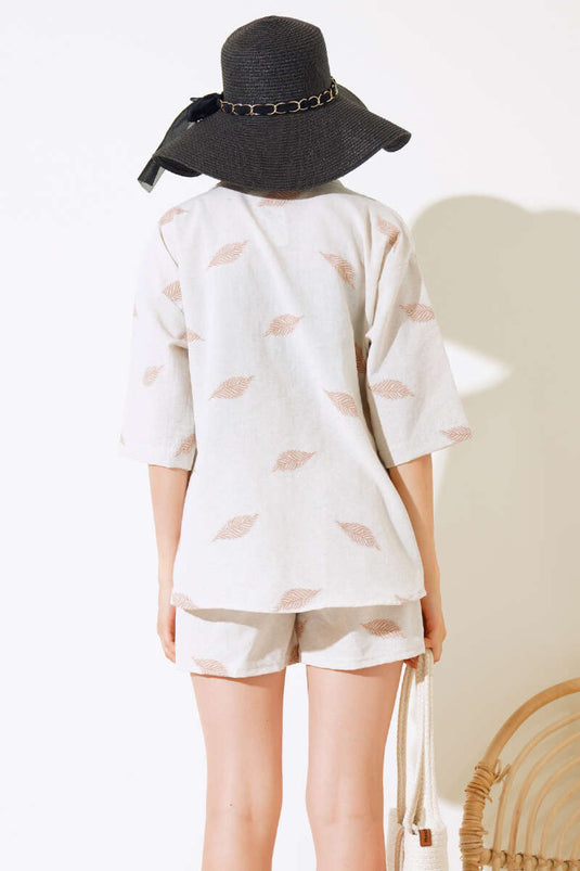 Ensemble deux pièces short à motif feuilles Latte