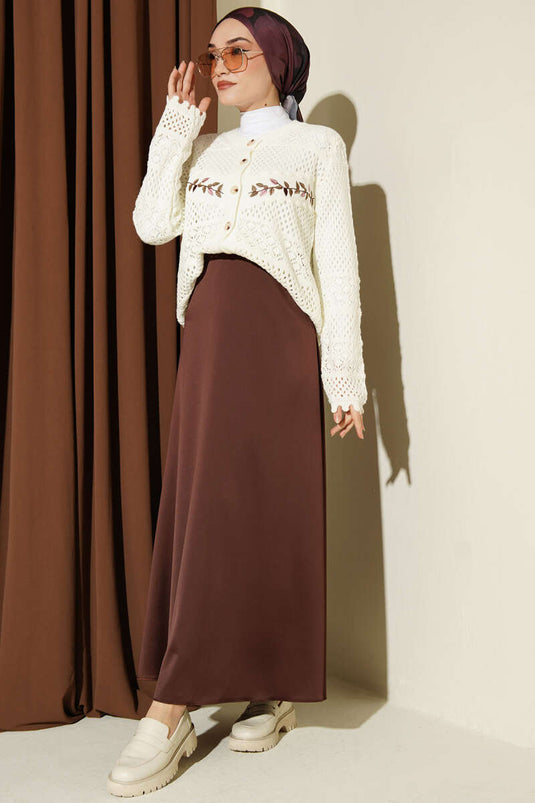 Leaf Embroidered Openwork Short Knit Cardigan Ecru