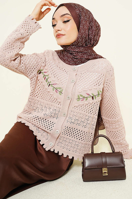Cardigan corto in maglia traforata con ricamo a foglia, colore polvere