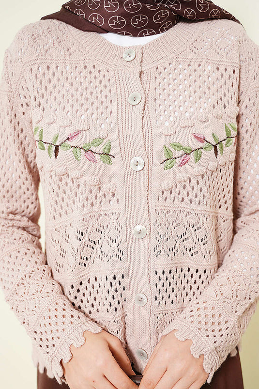 Cardigan corto in maglia traforata con ricamo a foglia, colore polvere