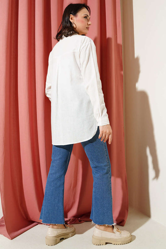 Leaf Embroidered Stoned Shirt Ecru