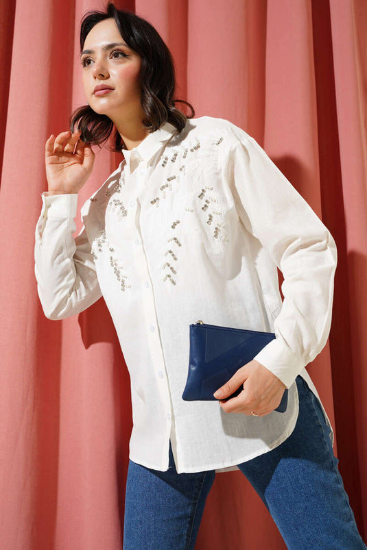 Leaf Embroidered Stoned Shirt Ecru