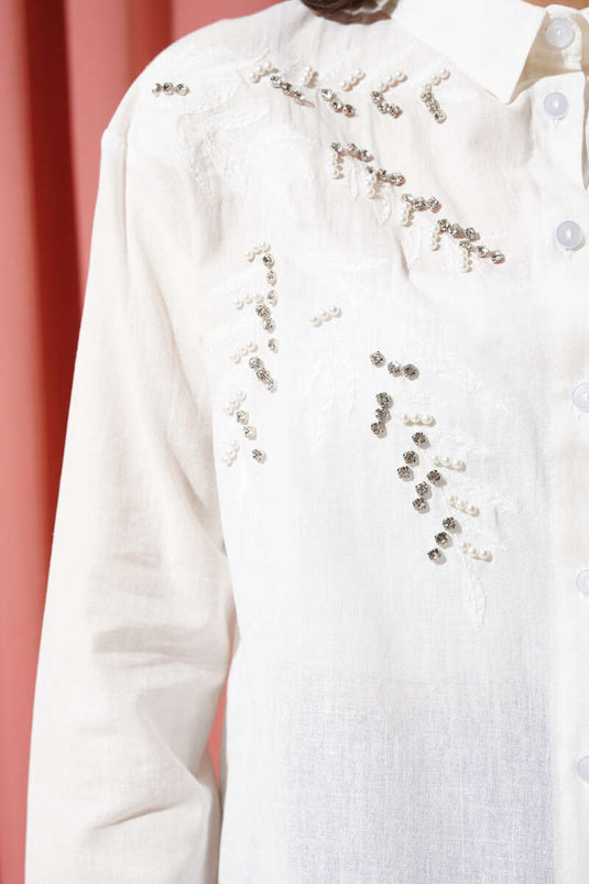 Leaf Embroidered Stoned Shirt Ecru