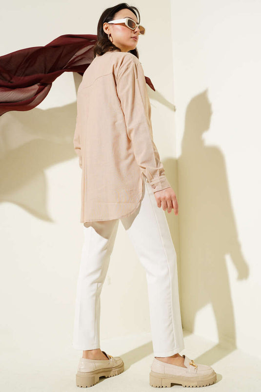 Leaf Embroidered Stoned Shirt Latte