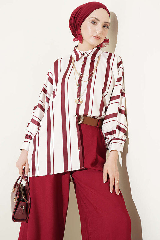 Yarasa Mouw Asymmetrisch Gestreept Satijnen Blouse Bordeaux