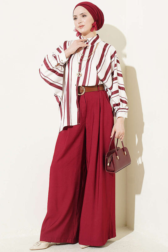 Yarasa Mouw Asymmetrisch Gestreept Satijnen Blouse Bordeaux