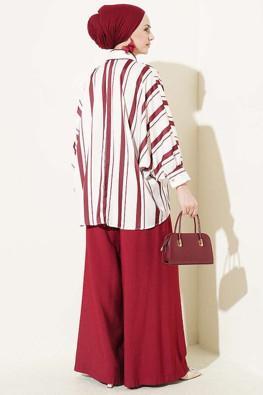 Yarasa Mouw Asymmetrisch Gestreept Satijnen Blouse Bordeaux