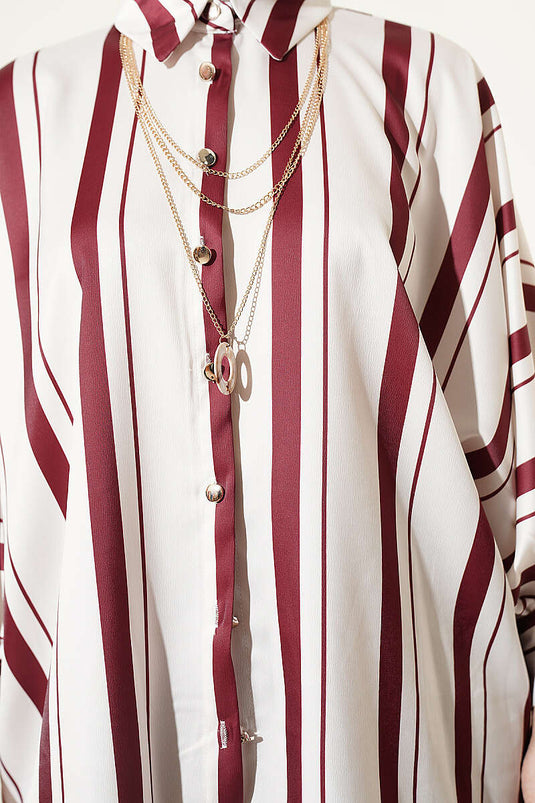 Yarasa Mouw Asymmetrisch Gestreept Satijnen Blouse Bordeaux