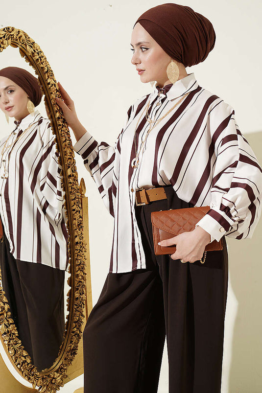 Asymmetrical Striped Satin Shirt With Batwing Sleeves In Coffee