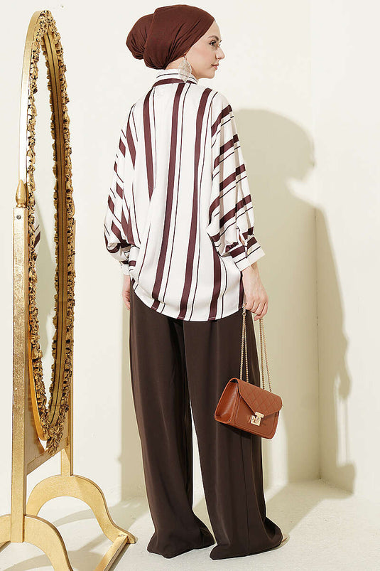 Asymmetrical Striped Satin Shirt With Batwing Sleeves In Coffee