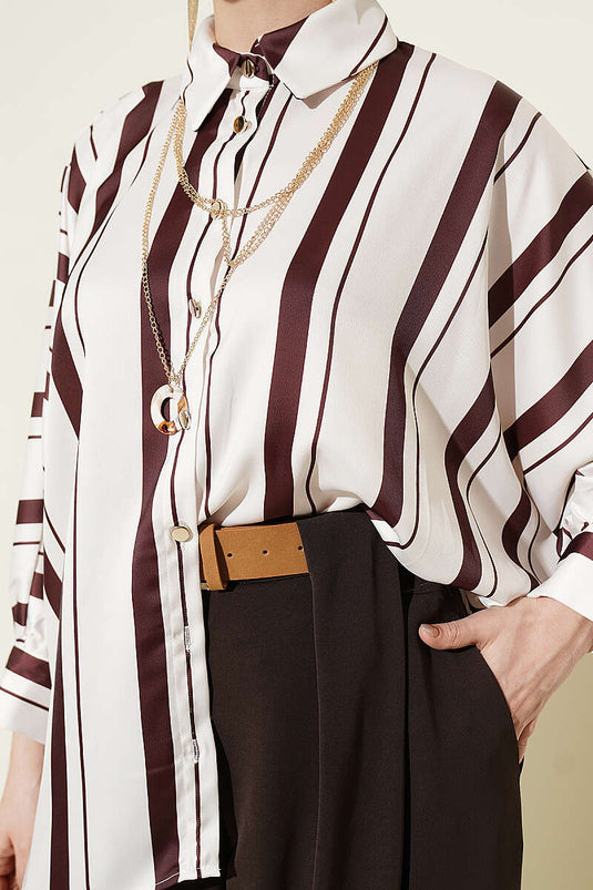Asymmetrical Striped Satin Shirt With Batwing Sleeves In Coffee