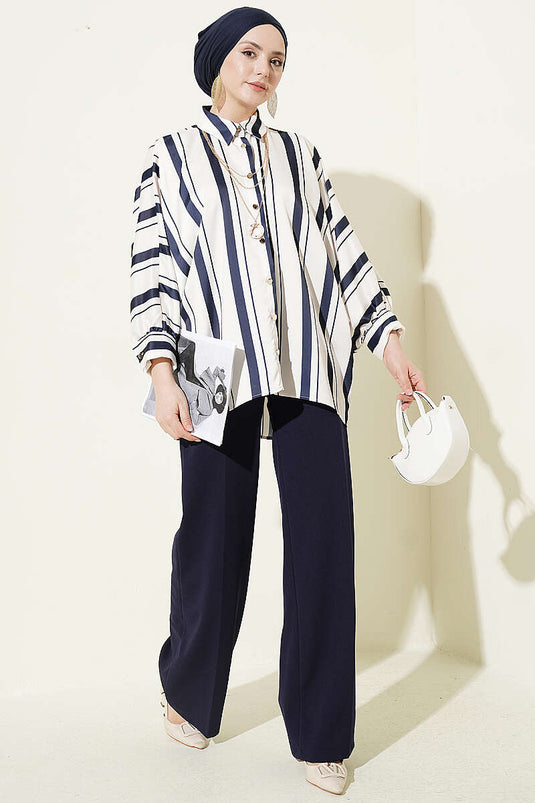 Asymmetrische Batwing Streep Satijnen Shirt Navy