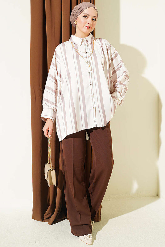 Asymmetrical Batwing Stripe Satin Shirt In Mink
