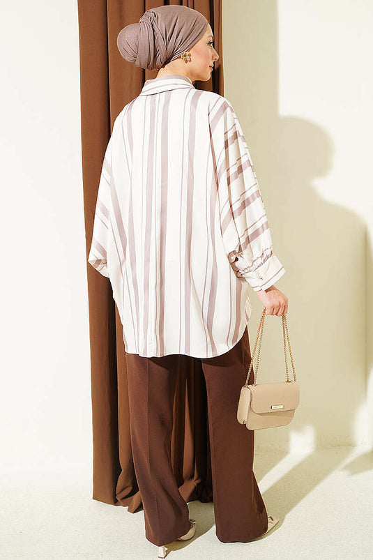 Asymmetrical Batwing Stripe Satin Shirt In Mink