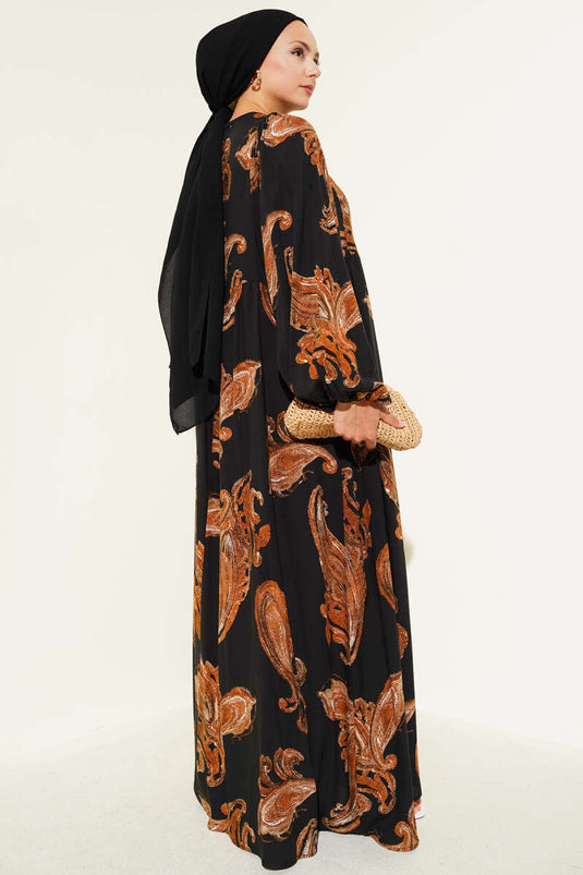 Yarasa Kol Bağcıklı Desenli Elbise Kahve