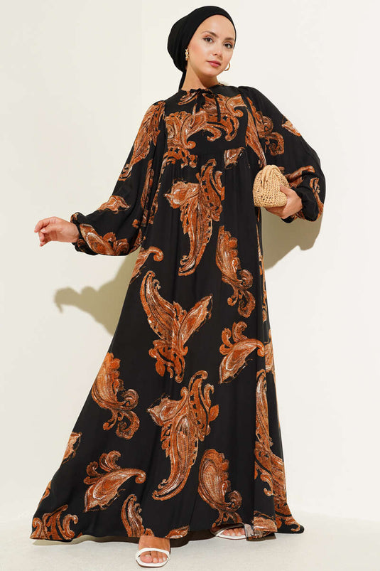 Yarasa Kol Bağcıklı Desenli Elbise Kahve