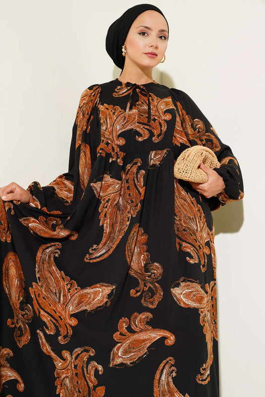 Yarasa Kol Bağcıklı Desenli Elbise Kahve