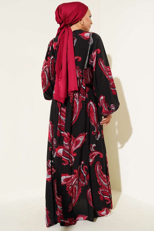 Yarasa Kol Bağcıklı Desenli Elbise Mürdüm