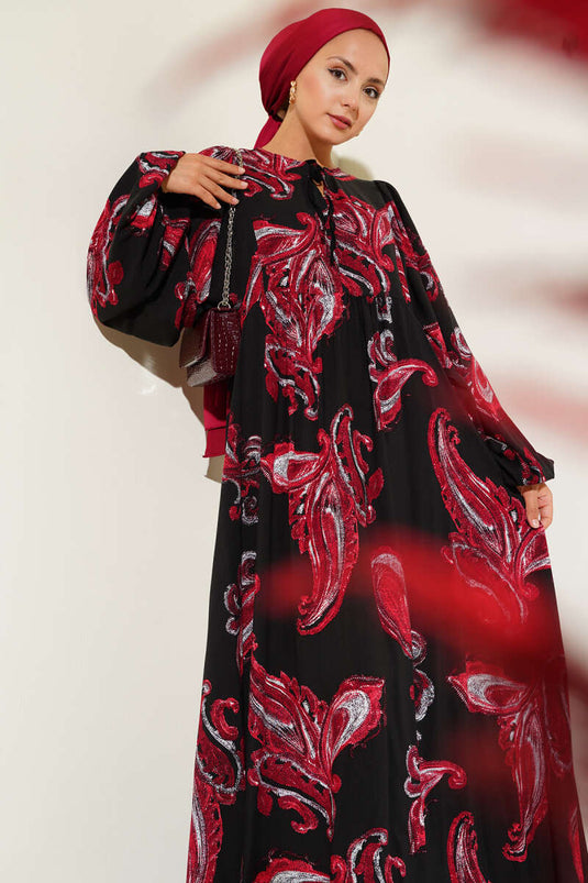 Yarasa Kol Bağcıklı Desenli Elbise Mürdüm