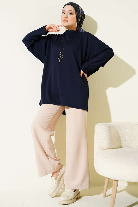 Batwing Sleeve Basic Loyşa Tunic Navy Blue