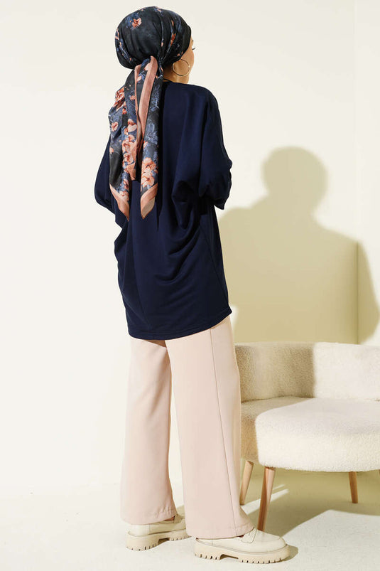 Batwing Sleeve Basic Loyşa Tunic Navy Blue