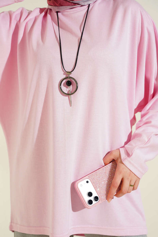 Batwing Sleeve Basic Loisa Tunic Pink