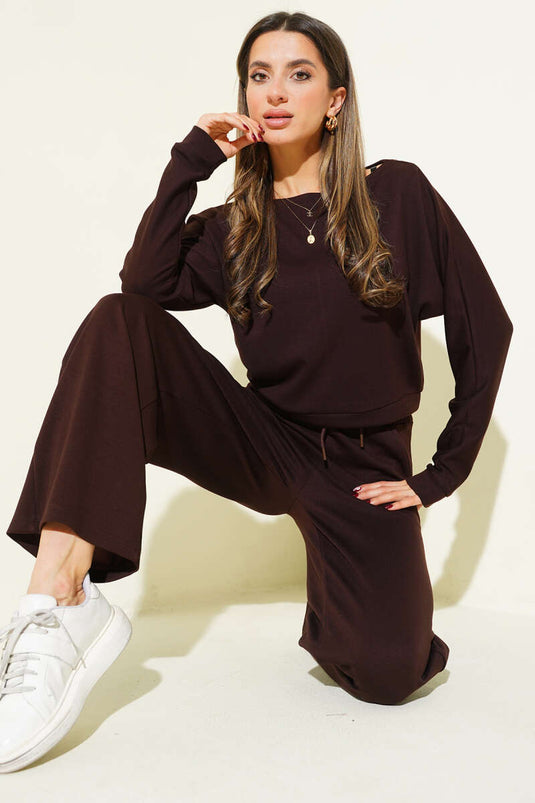 Ensemble Deux Pièces Avec Blouse Et Manches Batwing Marron