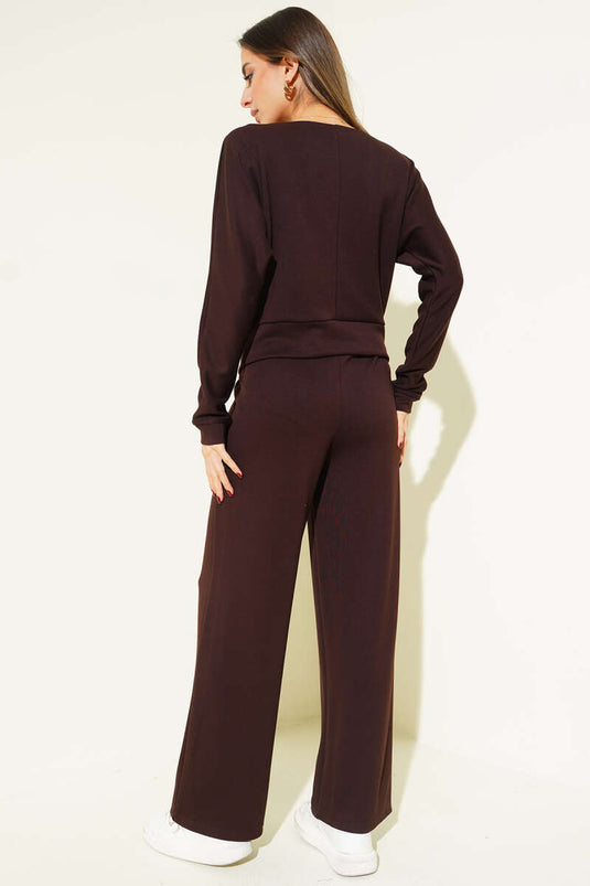 Ensemble Deux Pièces Avec Blouse Et Manches Batwing Marron