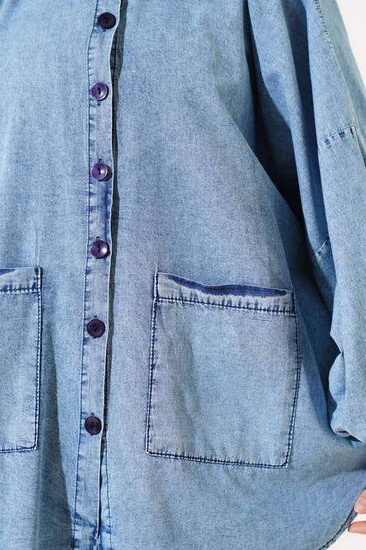 Camicia in denim oversize con tasca e maniche a pipistrello, blu denim