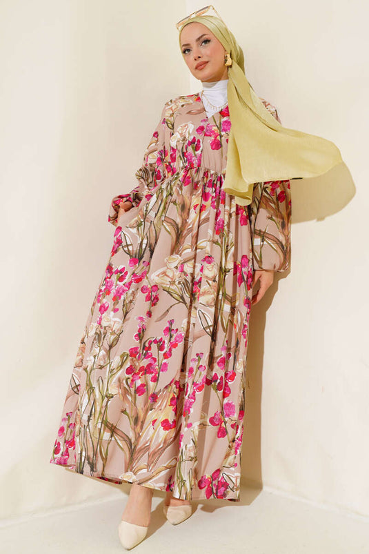 Yarasa Kol Çiçek Desenli Elbise Bej