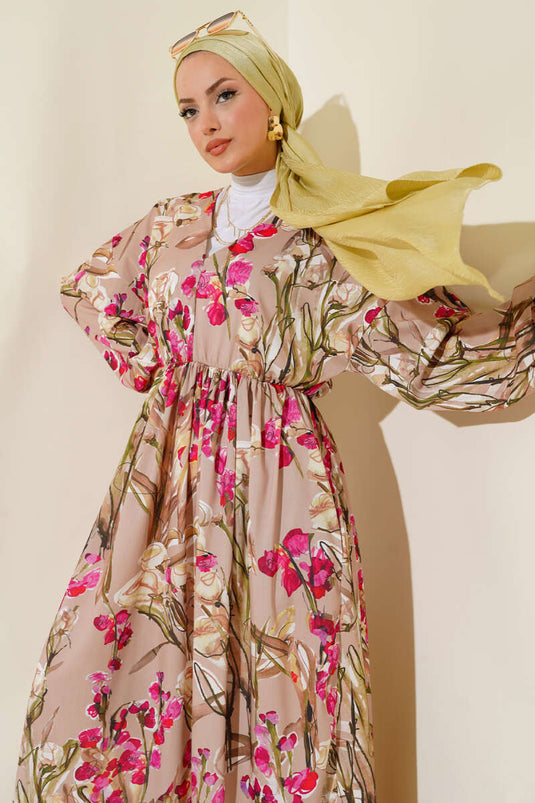 Yarasa Kol Çiçek Desenli Elbise Bej