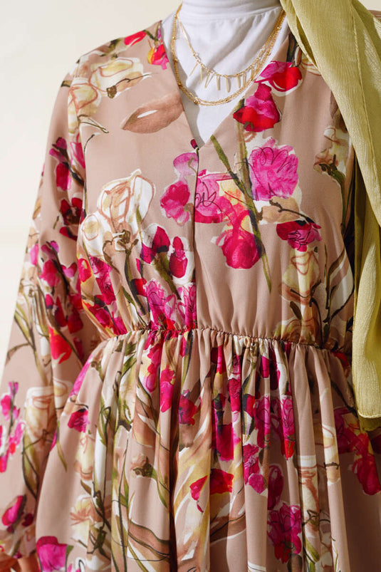 Yarasa Kol Çiçek Desenli Elbise Bej