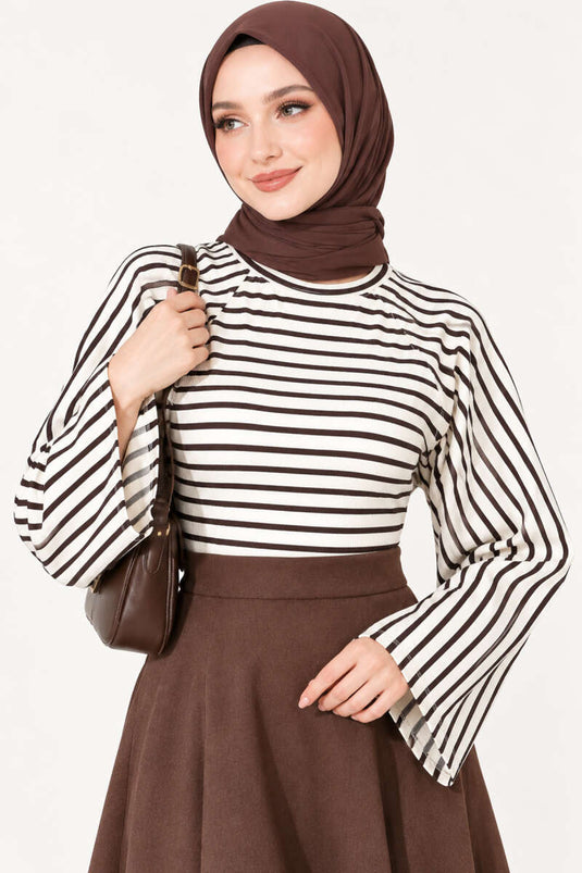 Blouse À Manches Batwing Rayée Marron