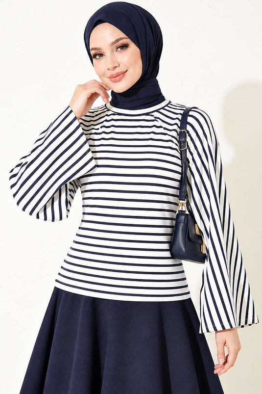 Blouse À Rayures Marine À Manches Batwing