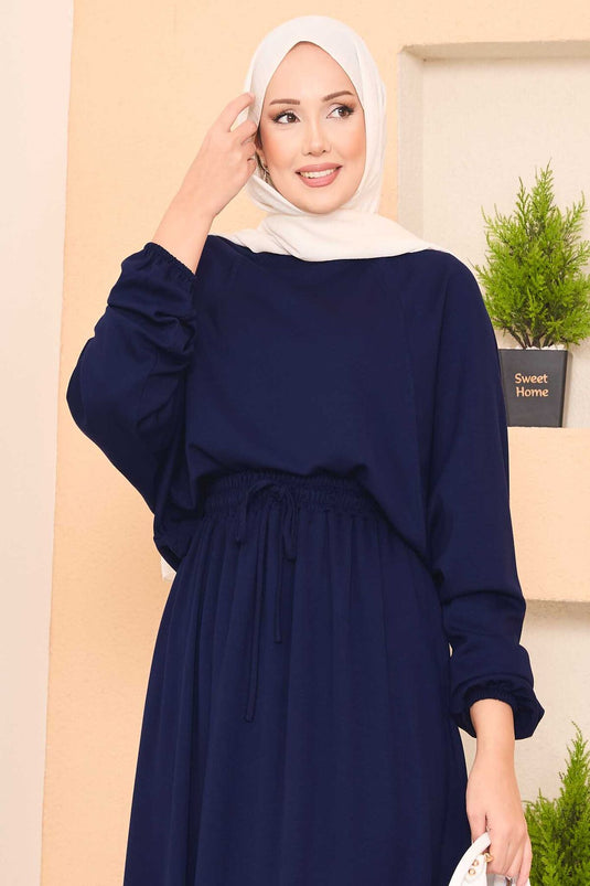 Ensemble Modeste Jupe Courte À Manches Batwing Marine