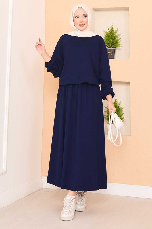 Ensemble Modeste Jupe Courte À Manches Batwing Marine