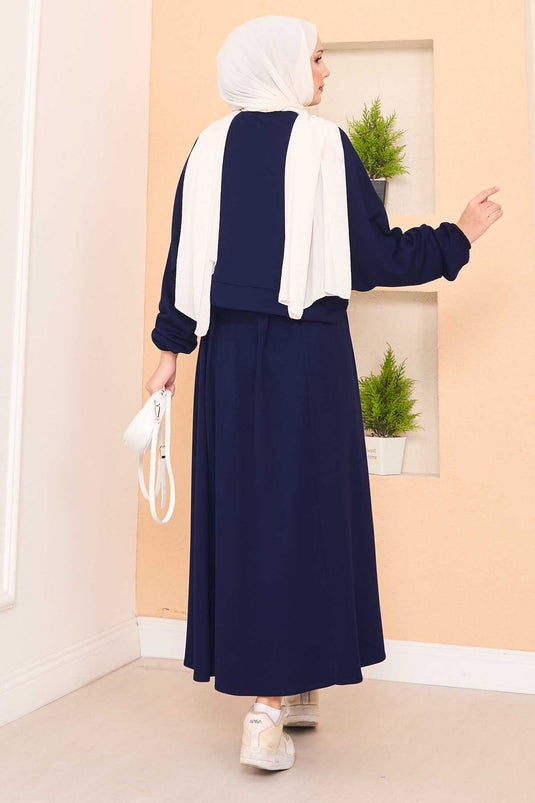 Ensemble Modeste Jupe Courte À Manches Batwing Marine