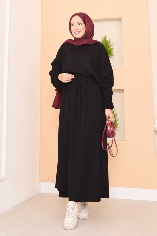 Vleermuismouwen Crop Rok Hijab Pak Zwart