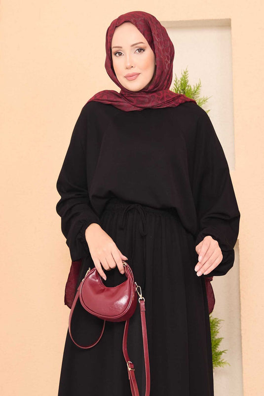 Vleermuismouwen Crop Rok Hijab Pak Zwart