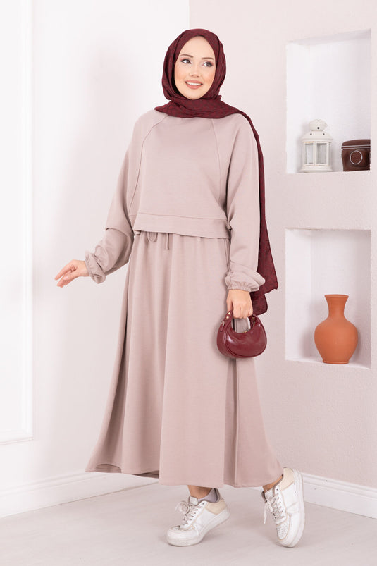 Bat Sleeve Crop Skirt Hijab Set Stone